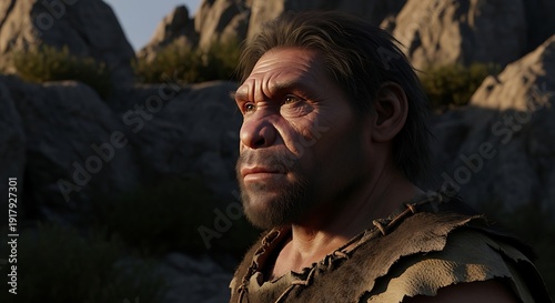 Gruff Ancient Man Wearing Tattered Leather in Rocky Landscape