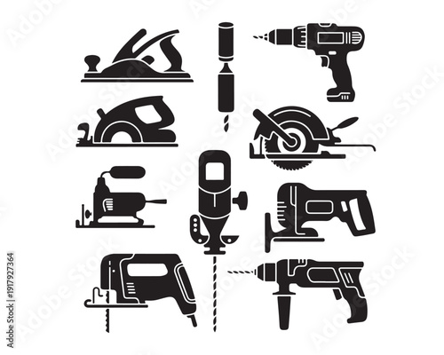 A variety of essential woodworking and construction power tools depicted as strong black silhouettes