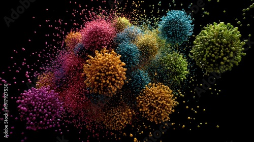 Abstract Colorful Microscopic Particle Spheres and Virus Clusters in Vibrant Yellow Blue and Pink Tones on a Solid Black Background