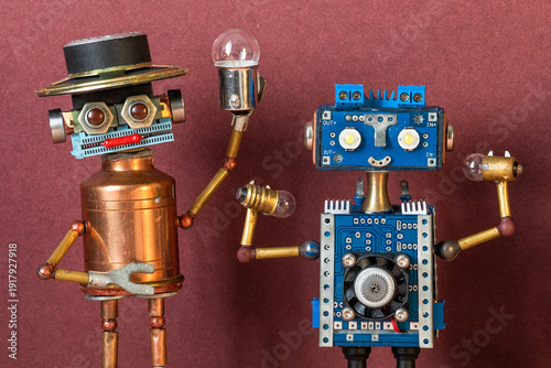 Copper robot with big hat and blue circuit board robot smiling, each holding an electric bulb. Electronics design concept, retro-futuristic advertisement