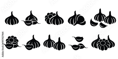 Garlic set whole cloves and flowers black and white vector icons isolated on white background culinary elements