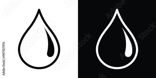 Minimalist water drop icon in linear and solid styles. Clean liquid droplet symbol for nature, plumbing, or skincare design. Black and white vector set isolated on a dual-tone background.
