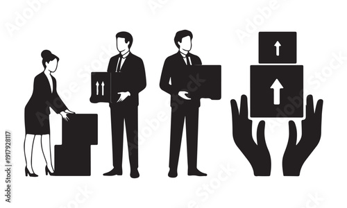 Silhouettes of people handling and stacking boxes with arrows, representing moving and delivery services