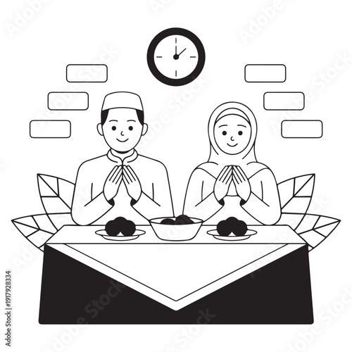 A smiling Muslim couple sits at a table with traditional food, making a prayer gesture before eating