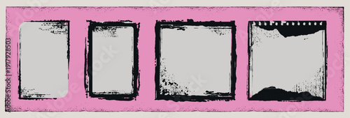 Retro Grunge Frames Set. Black edged distressed border with pink background, torn and textured overlay for picture, collage, art, and modern vintage design projects