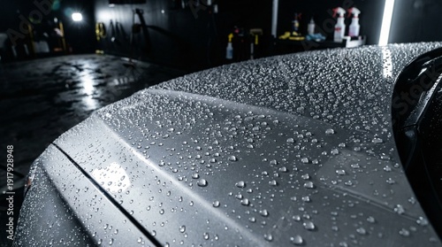 Water droplets on a silver car hood in a car wash bay at night, auto cleaning service, vehicle care routine, glossy finish, transport maintenance.
