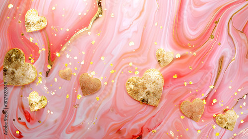 Romantic abstract background with flowing pink marble texture, golden glitter particles, and floating gold hearts. Soft pastel pink tones combined with metallic accents