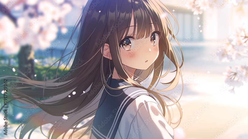 Fototapeta premium 桜の木の下で髪をなびかせているアニメ調の美少女