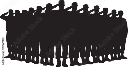 Silhouette of soldiers saluting in a group formation together