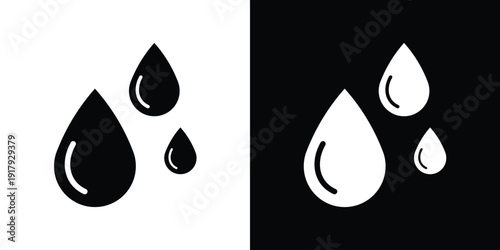 Group of three water drops of varying sizes. Modern icon set for weather, rain, or skincare products. High-contrast vector graphics in outline and flat styles for web and print.