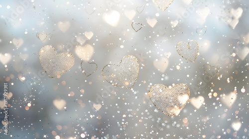 Abstract shimmering background with hearts in grey colours 