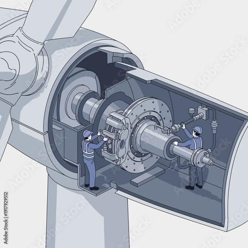 Industrial workers performing maintenance on a large mechanical component.