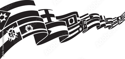 Flags of different countries in black and white illustration