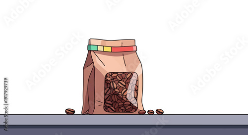 Brown Coffee Bag with Coffee Beans Spilling.