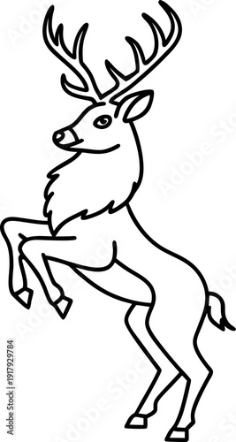 Line art illustration of a rearing deer with large antlers and detailed features
