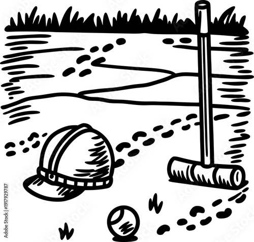 Croquet set on grass with mallet, ball, and helmet outdoor lawn game equipment illustration