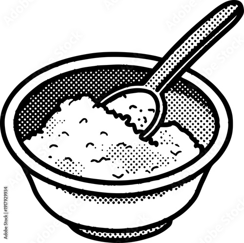 Bowl of oatmeal with spoon vintage black and white illustration breakfast food cereal hot meal