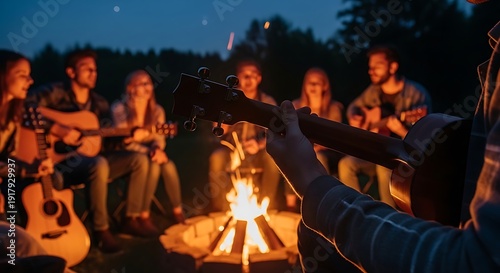 A group of friends gathers around a warm campfire at night, playing guitars and enjoying the outdoors.