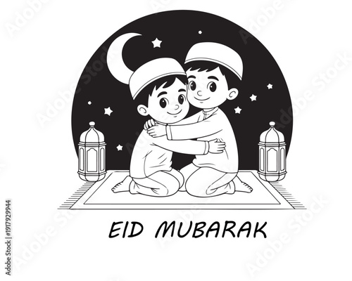 Two young Muslim boys embrace warmly, kneeling on a prayer mat under a starry night sky with a crescent moon