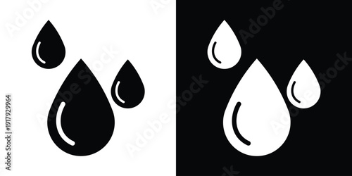 Group of three water drops of varying sizes. Modern icon set for weather, rain, or skincare products. High-contrast vector graphics in outline and flat styles for web and print.