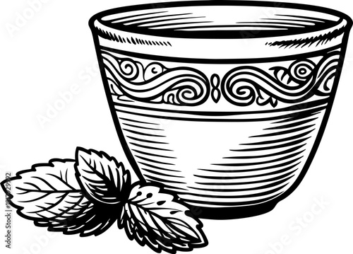 Decorative ceramic cup with intricate patterns and fresh mint leaves illustration