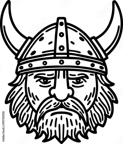 Viking warrior head with horned helmet and long beard in black and white outline
