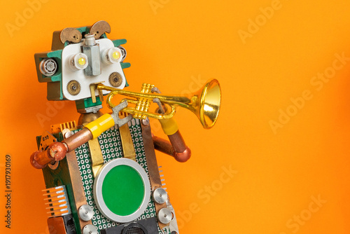 Photography Solo trumpet performance by friendly toy robot with expressive face, orange backdrop