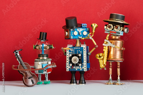 Trio of kind toy robot musicians playing cello, horn and saxophone. Funny jazz festival poster, children's concert flyer, music event banner