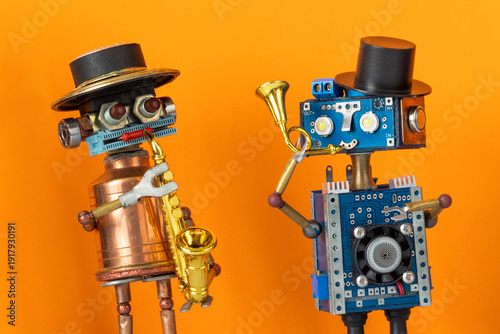 Two funny toy jazz musicians with saxophone and trumpet. Concert poster concept, live music event announcement