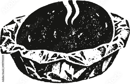 Burnt bread loaf on a crumpled paper tray with smoke rising, rustic food illustration