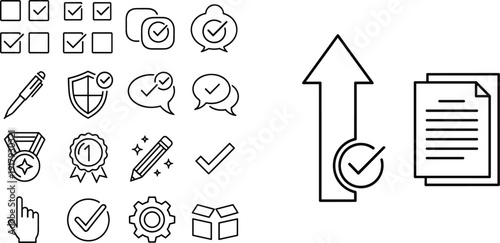 Checklist approval and document upload icon set isolated on white background business vector illustration