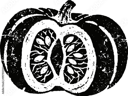 Pumpkin cut in half showing seeds and textured skin in black and white illustration
