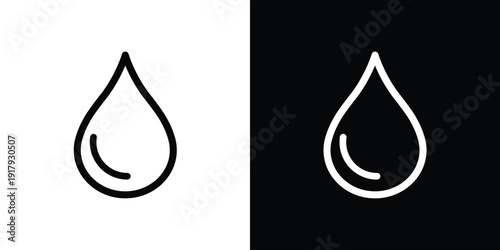 Minimalist water drop icon in linear and solid styles. Clean liquid droplet symbol for nature, plumbing, or skincare design. Black and white vector set isolated on a dual-tone background.