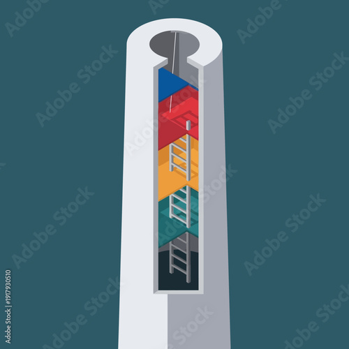 Colorful abstract 3D illustration of a cutaway object with stairs.
