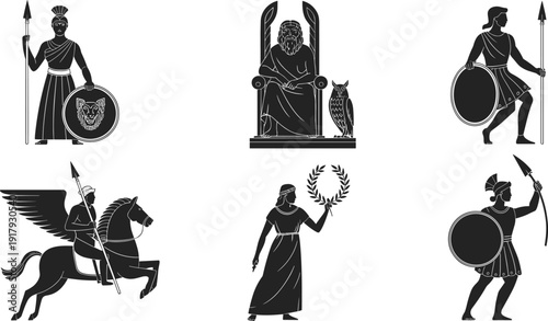 Vector, black, silhouette, set, of, Greek, mythology, characters, including, Zeus, on, throne, Athena, with, shield, Pegasus, and, ancient, warriors, for, historical, design, elements, isolated