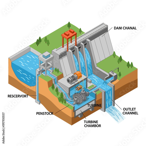 Hydroelectric Dam Power Generation System with Turbine and Reservoir.