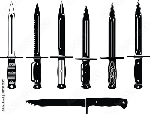 Φωτογραφία Combat knife and bayonet silhouette set isolated on white background military ve