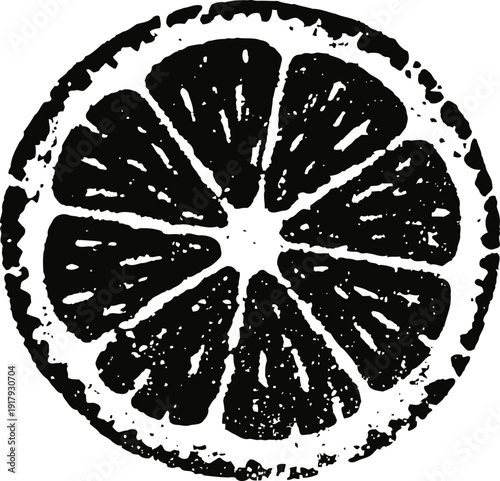 Black and white citrus fruit slice illustration rough grunge textured circle with pulp segments vintage citrus imprint design