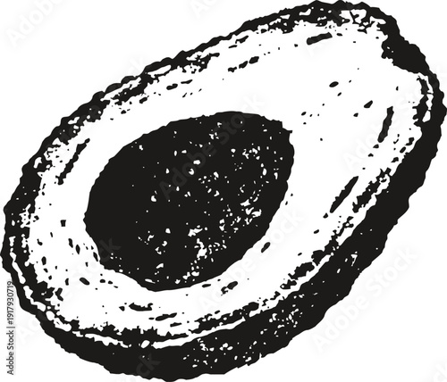 Half avocado illustration with seed showing natural texture and rough edges in black and white