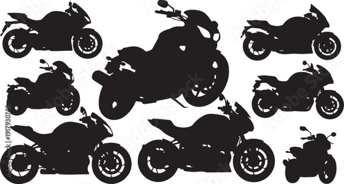 Collection of motorcycle silhouettes in black and white
