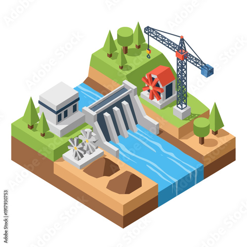 Hydroelectric Dam with Crane and Water Flow.