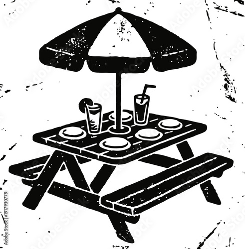 Picnic table with umbrella and drinks outdoors, casual dining and leisure concept