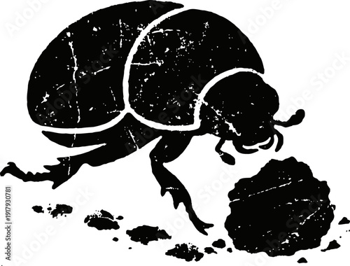 Dung beetle rolling a ball of dung with textured black silhouette and scattered pellets