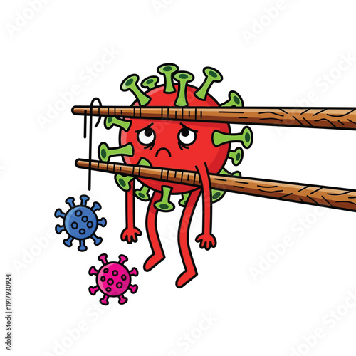 A defeated, red virus character is held by chopsticks, illustrating the struggle against and control of viruses.