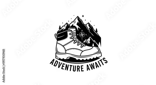 Adventure Awaits Hiking Boot and Mountain Landscape Vintage Illustration