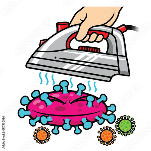 A pink virus character is being pressed by a steaming iron, illustrating disinfection and the use of heat to eliminate germs.