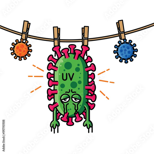A tired and sad virus character, labeled 'UV', hangs limply on a clothesline, suggesting it has been disinfected or neutralized.
