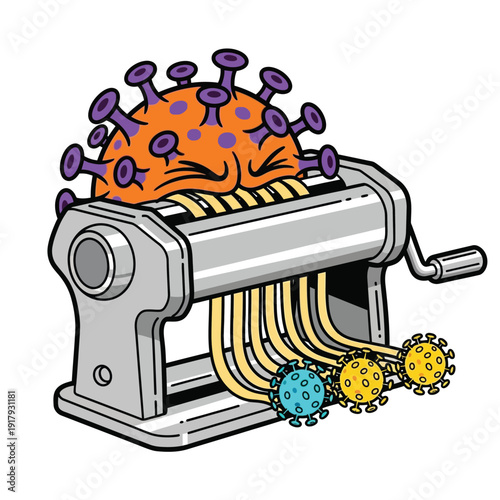 A virus character is processed through a pasta maker and emerges as spaghetti, representing its change or defeat.