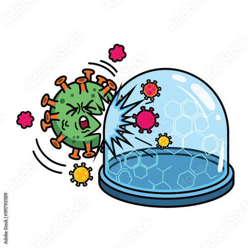 An aggressive virus character crashes against a transparent shield, showing a struggle and the defense against disease.