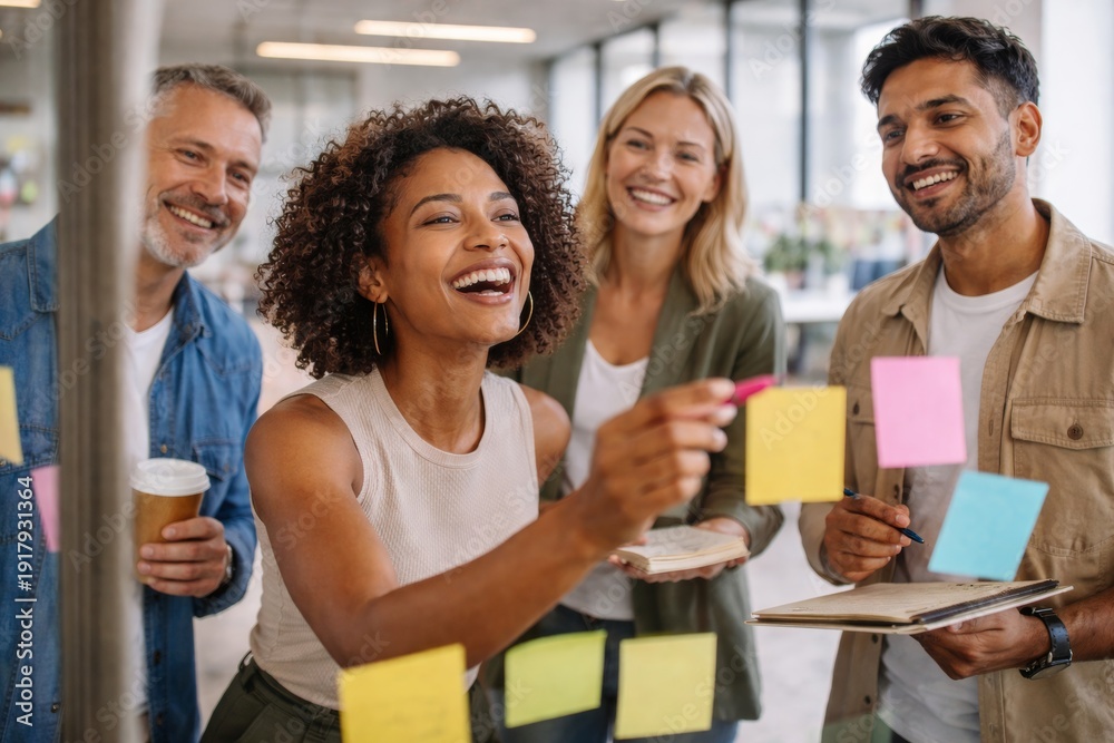 Obraz premium Creative business team brainstorming with colorful sticky notes together
